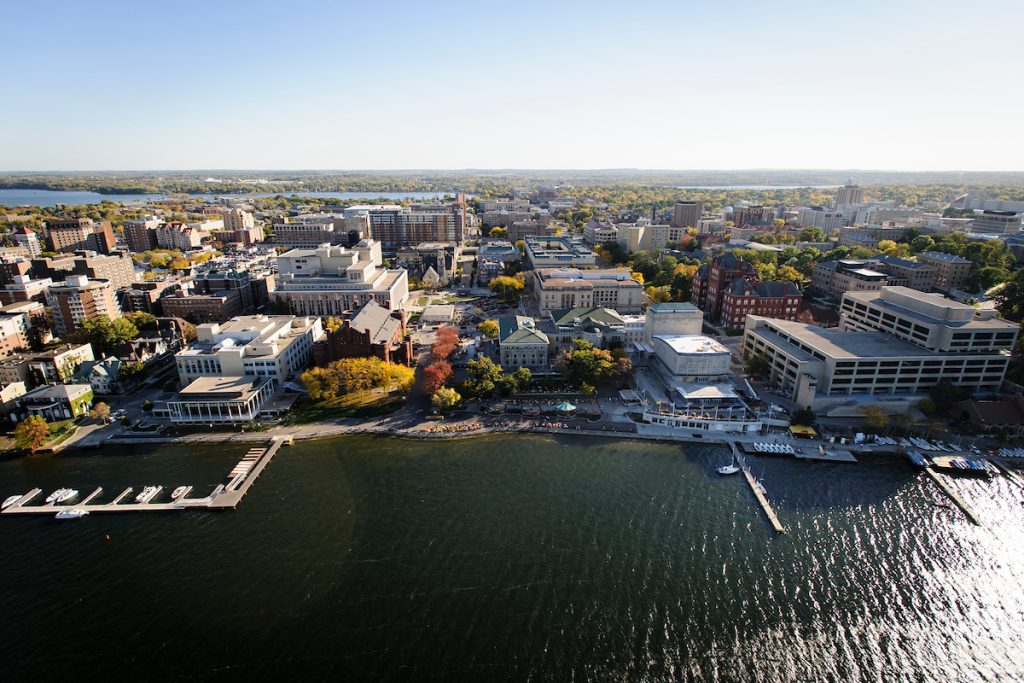 Aerial view of campus and the lake 